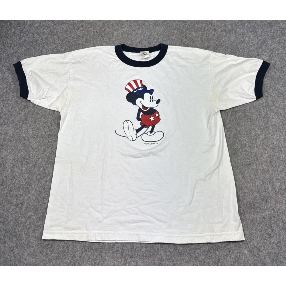 Vintage Mickey & Co Ringer‎ T Shirt Mens XL White Mickey Mouse Graphic Print USA